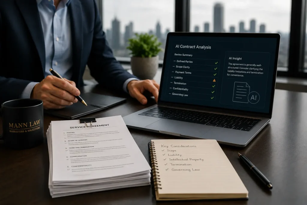 GTA business reviewing an AI-drafted commercial contract with a lawyer.